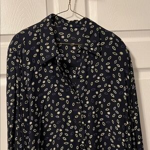 Elegant woman’s Dark Navy blue button down blouse with Leaf Design